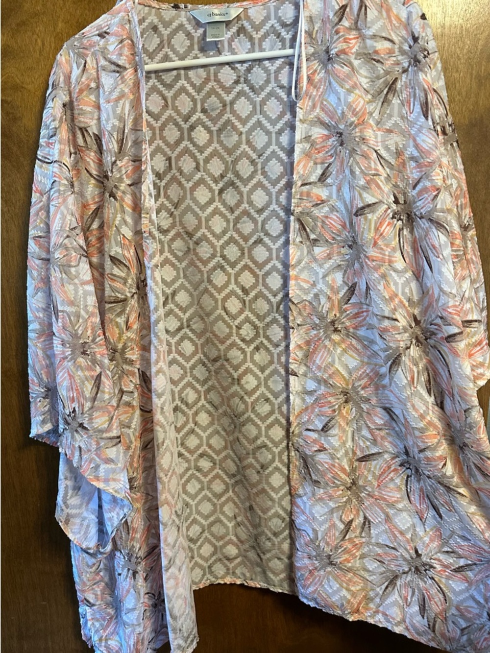 CJ Banks Floral Sheer Open Kimono in Beige and Blush